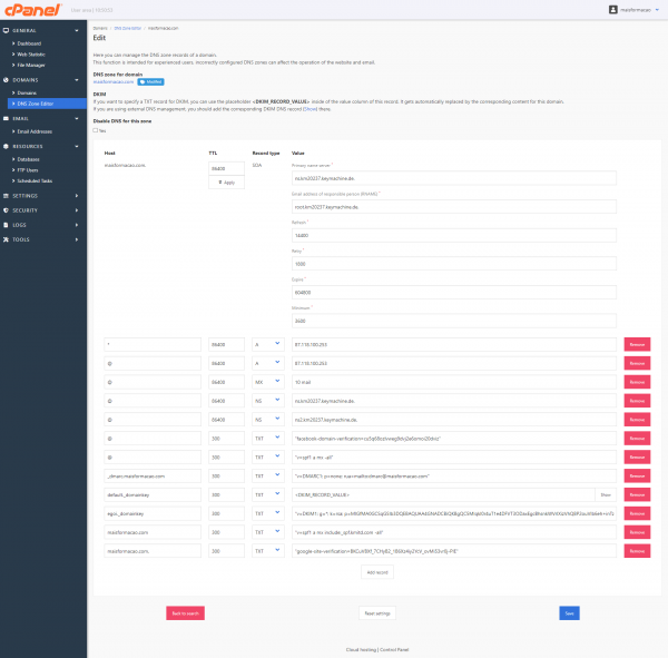 DNS settings in Keyhelp.