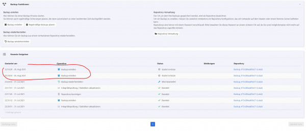 Screenshot der Backupjobs